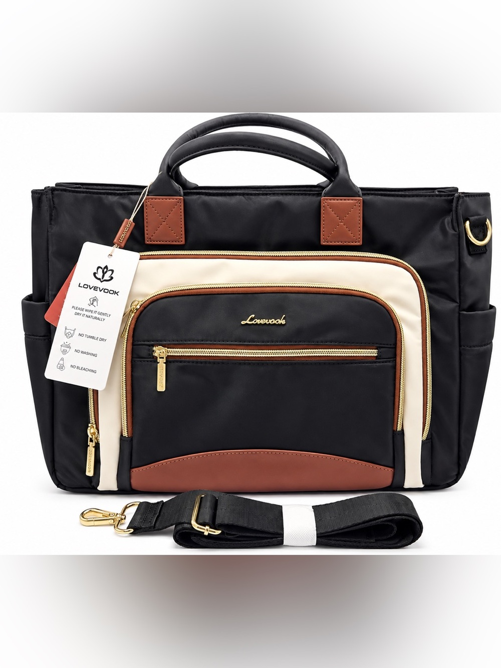 LOVEVOOK Tote 15.6” Laptop Work Bag Black Cream Brown NWT